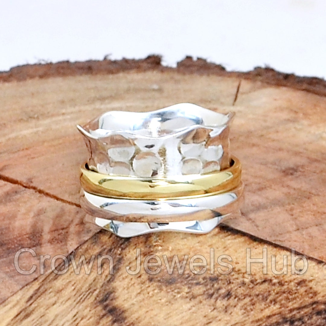 Hammered Sterling Silver Spinner Ring: Two-tone Wide Band Fidget Ring ...