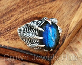 Labradorite Mens Ring, Falcon Claw Ring, 925 Sterling Silver Mens Ring, Men&#39;s Punk Ring, Mens Ring Silver, Labradorite Ring, Gift for Him