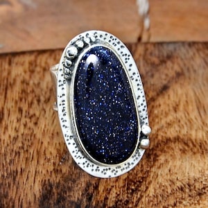 Blue Goldstone Ring, Blue Goldstone Ring, Blue Goldstone Silver Ring, Silver Handmade Ring, Statement Ring, Wide Band Ring, Boho Ring