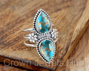 Blue Copper Turquoise Ring, 925 Sterling Silver Ring, Statement Ring, 2 Stone Ring, Three Band Ring, Floral Ring, Double Stone Ring