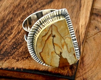 Handgemaakte sterlingzilveren Owyhee-jaspisring - boho-ring met brede band, maat 9