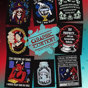 May include: A collection of black graphic patches with various designs. The patches feature illustrations of a witch, a devil, a crystal ball, and text like "Rolls Third Eye" and "Do Not Open." The patches are part of a "Graphic Content Patch Collection."