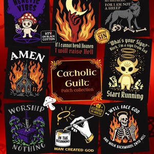 Puede incluir: Una colección de parches negros con varios diseños góticos y ocultos. Los parches presentan ilustraciones de un lobo, un esqueleto, un personaje de hongo y textos como "Catholic Guilt" y "Heretic Vibes".