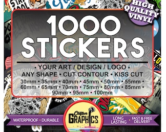 May include: 1000 waterproof and durable stickers in various sizes from 30mm to 100mm.  The stickers can be customized with your own art, design, or logo.  The text "High Quality Vinyl" is printed in white on a red circle.  The text "Clifton Graphics" is printed in white on a red circle with a microphone graphic.