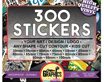 May include: A collection of 300 stickers with various designs, shapes, and sizes, including 30mm to 100mm options. The stickers are waterproof, durable, and made of high-quality vinyl. The image includes the text "Your Art / Design / Logo."