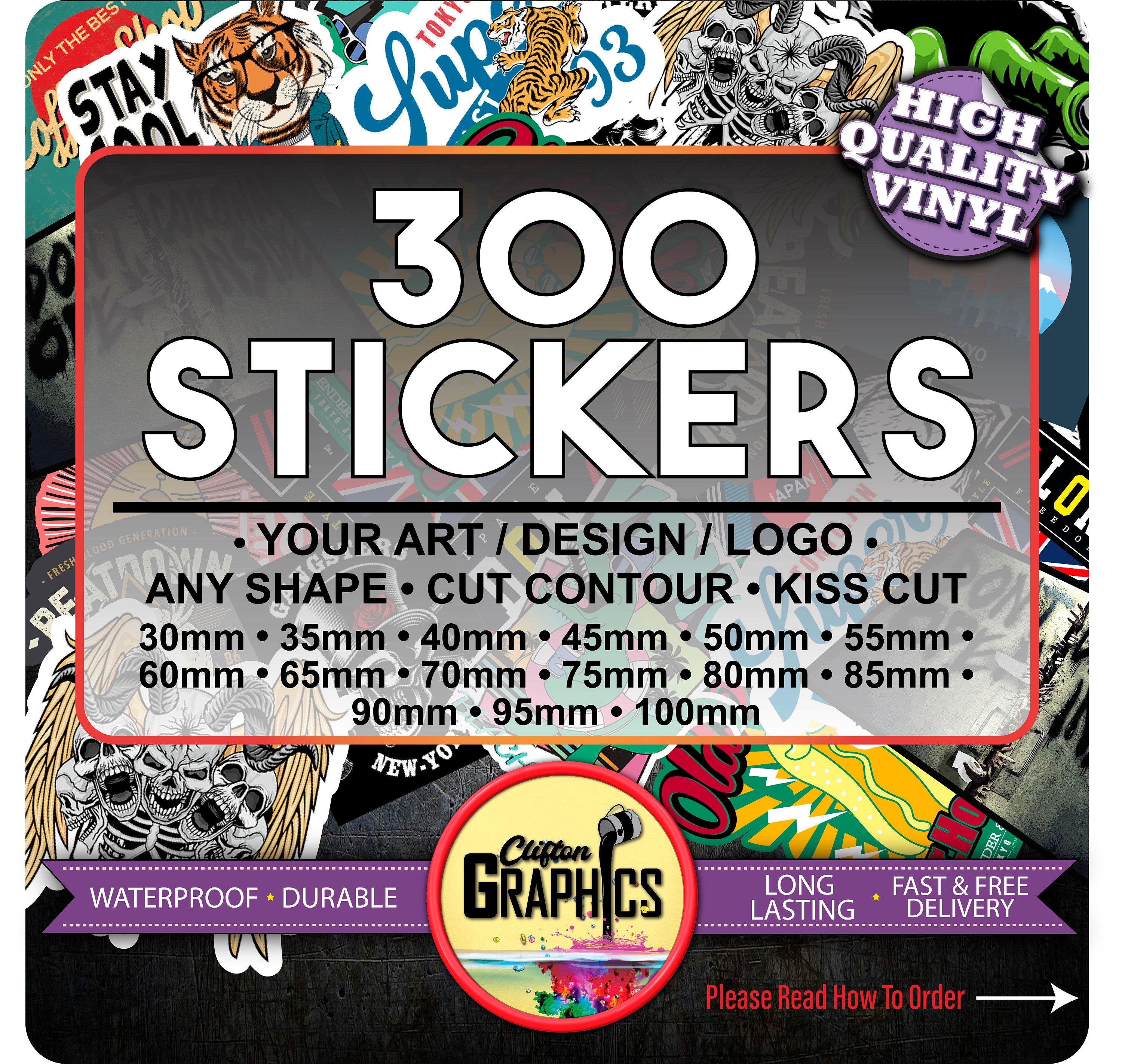 300 custom sticker bulk print vinyl your design decals labels etsy