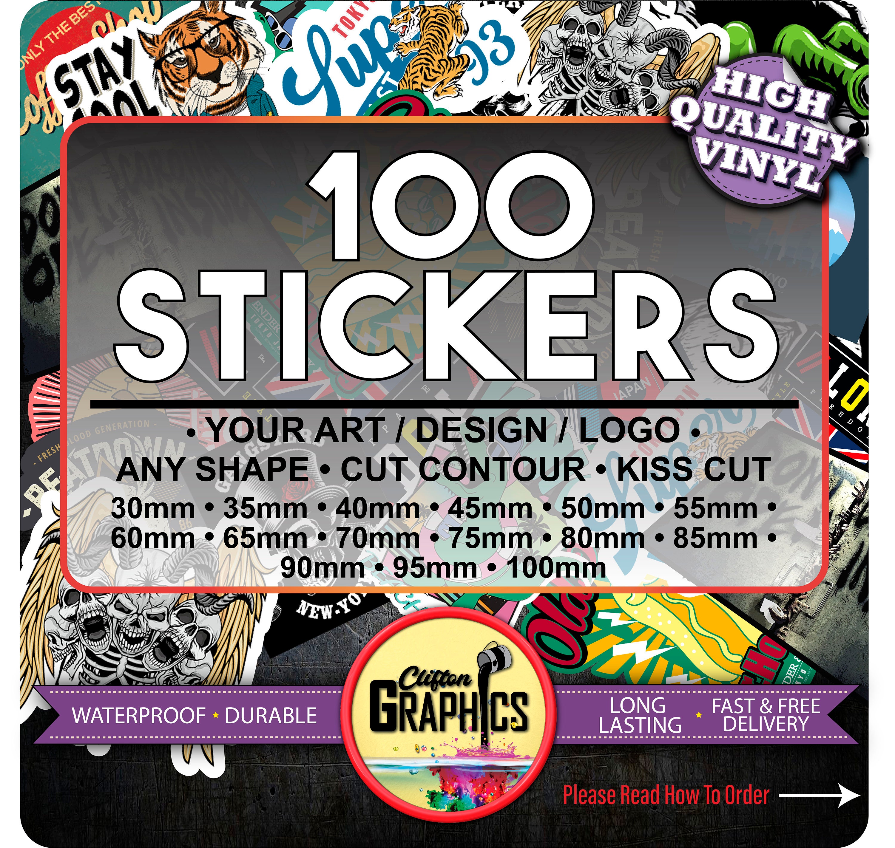 100 custom sticker bulk print vinyl your design decals labels etsy