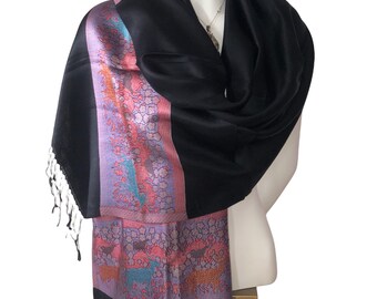 Black Pure Silk Scarf - Deer Design Luxury Shawl Wrap, Soft & Elegant Women's Scarf, Boho Evening Wrap, Wedding Gift, Fashion Accessory