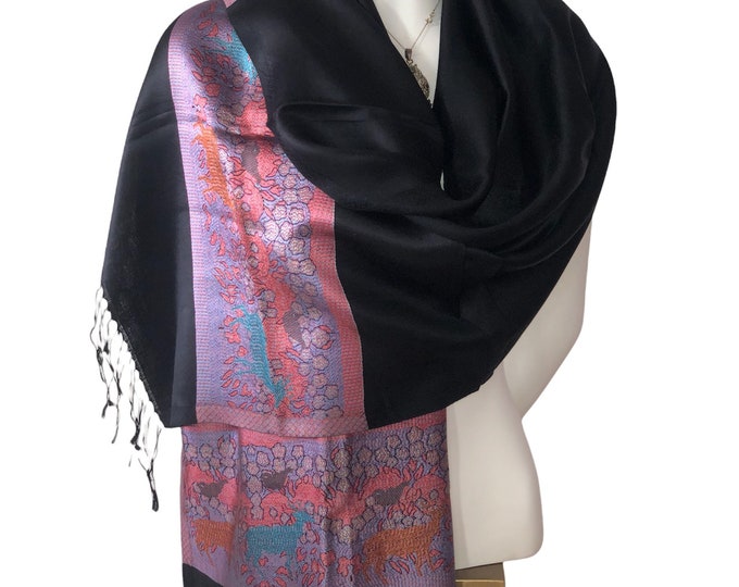 Black Pure Silk Scarf - Deer Design Luxury Shawl Wrap, Soft & Elegant Women's Scarf, Boho Evening Wrap, Wedding Gift, Fashion Accessory