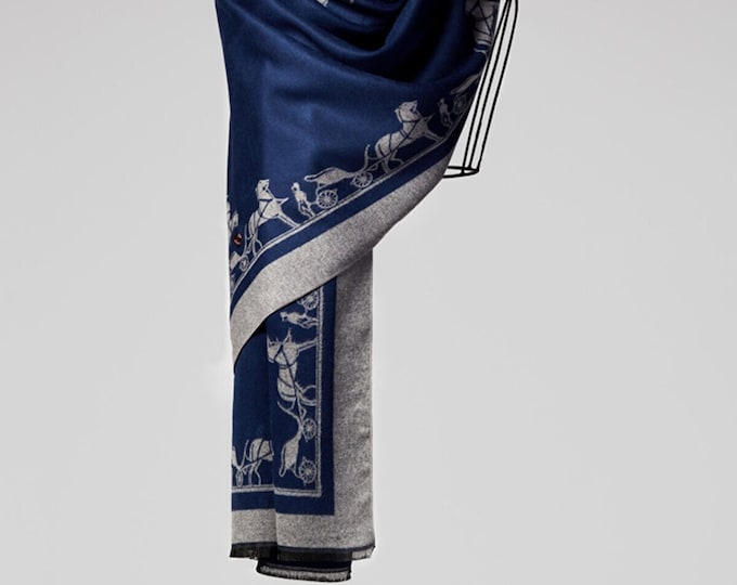 Merino Lambswool Wrap Shawl | Oversized Winter Scarf | Soft Cashmere Silk Blend | Navy Blue & Grey | Roman Horses Chariot Design