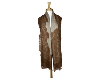 Beige Cashmere Shawl with Handmade Brown French Silk Lace – Unique, Soft & Lightweight Luxury Scarf, Vintage Gift Wrap