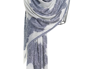 Royal Blue Cashmere Shawl Hand Printed Floral Scarf with Sparkling Swarovski Crystals Soft and Lightweight Wrap