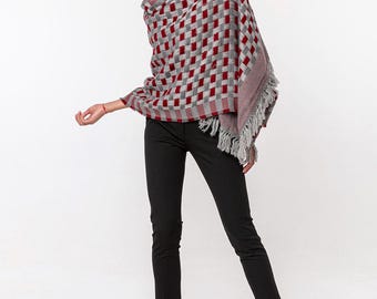 Chic Burgundy & Grey Organic Wool Pashmina Shawl | Chess Design | 100% Wool, Soft, Warm and Knitted Scarf