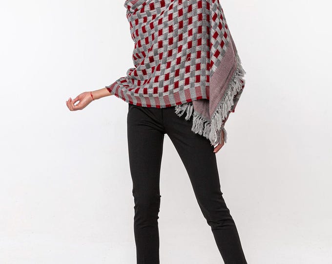 Chic Burgundy & Grey Organic Wool Pashmina Shawl | Chess Design | 100% Wool, Soft, Warm and Knitted Scarf