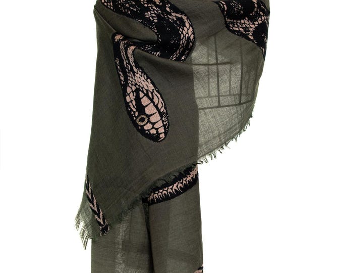 Forest Green Cashmere Silk Shawl | Black Snake Embroidery | Luxury Statement Wrap | Elegant Soft Scarf | Unique Gift | Canada Seller