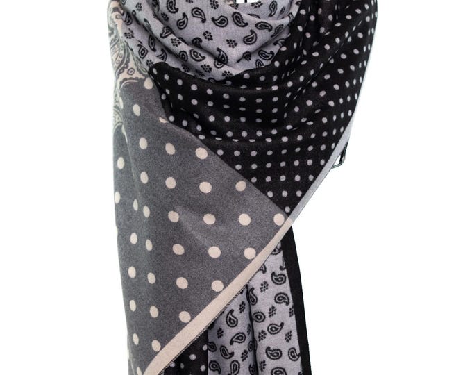 Cashmere Shawl | Black & Grey Paisley Pattern with Dots | Reversible Pashmina, Elegant and Classy Shawl, Luxury Soft Design