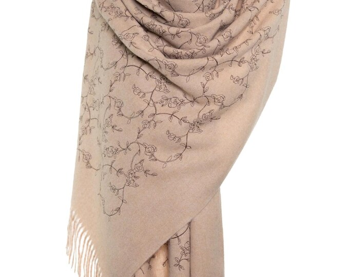 Beige Handmade Embroidery Shawl – Soft & Warm Cashmere Blend with Hand-Stitched Flowers – Exclusive Italian Design