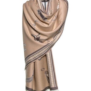 Châle équestre réversible en cachemire beige marron, accessoires pour chevaux, design étonnant, également utilisé comme écharpe pashmina,