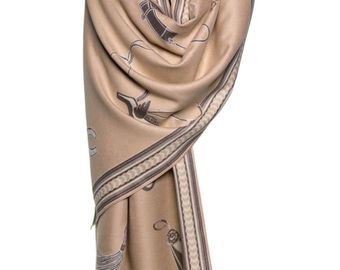 Beige Brown Reversible Cashmere Shawl – Luxury Equestrian Wrap, Gift for Woman - Horse Riding Scarf