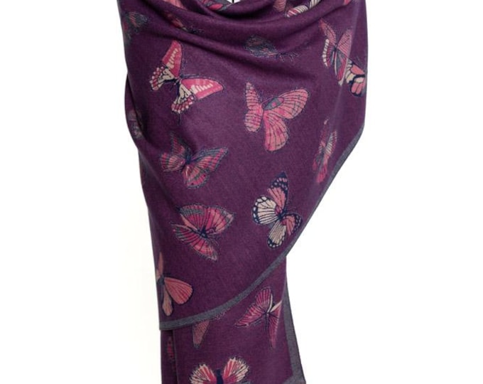 Cashmere Shawl | Tones of Purple and Off-White Reversible with Butterfly Design | Elegant, Warm & Luxurious Pashmina | Perfect Gift