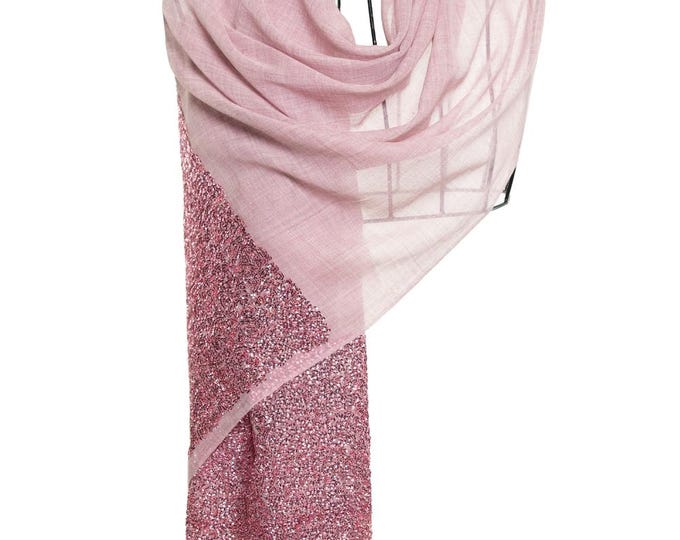 Blush Pink Wool Cashmere Silk Shawl – Soft Luxury Wrap with Sequin Detailing, Wedding & Evening Scarf