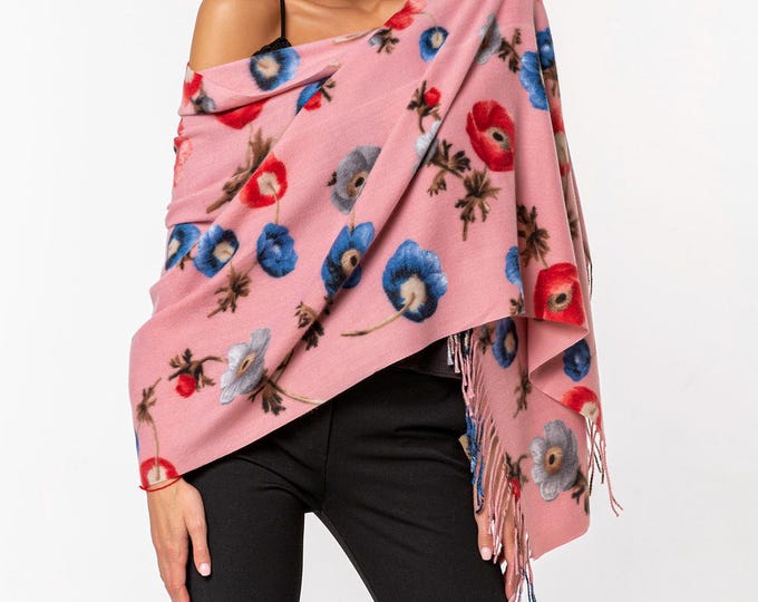 Wool & Silk Scarf | Colorful Flowers Design Shawl | Top Quality Pashmina Printed Baby Pink Fringe Scarf | Soft and Elegant