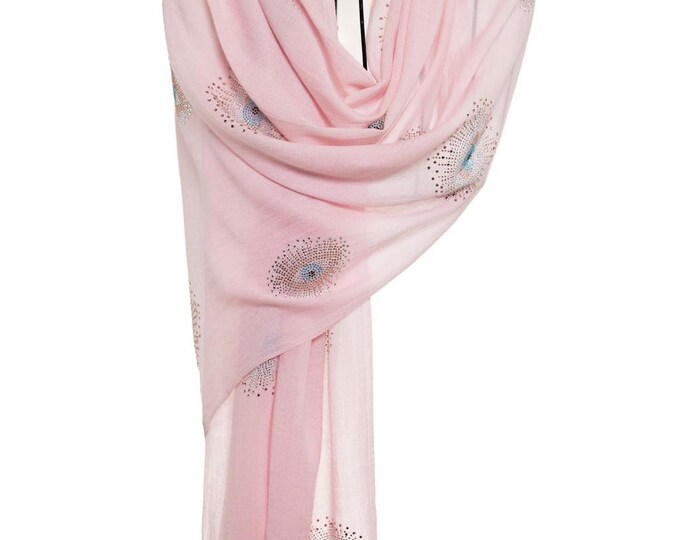 Blush Pink Cashmere Pashmina – Swarovski Blue Eyes Design, Elegant Wedding Shawl