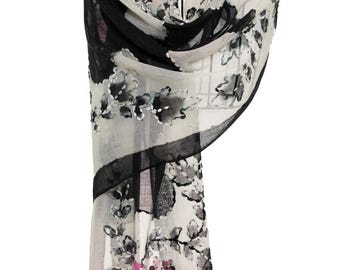 100% Wool Embroidered Shawl – Black and White with Handmade Vintage Pink Flowers Soft and Warm Pashmina
