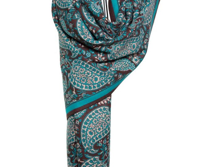Cashmere Shawl | Turquoise & Brown Reversible Big Paisley Pattern | Thick and Warm Pashmina Wrap, Elegant Winter Shawl, Perfect Gift for Her