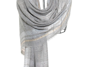 Grey Cashmere Shawl - Golden Bee Embroidered Pashmina, Swarovski Crystals, Shine Like a Diamond, Elegant Gift for Her