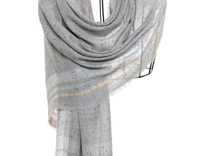 Grey Cashmere Shawl - Golden Bee Embroidered Pashmina, Swarovski Crystals, Shine Like a Diamond, Elegant Gift for Her