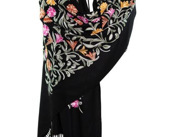 black cashmere shawl with silk flowers embroidery all around  very soft and delight scarf unique gift lovely pashmina