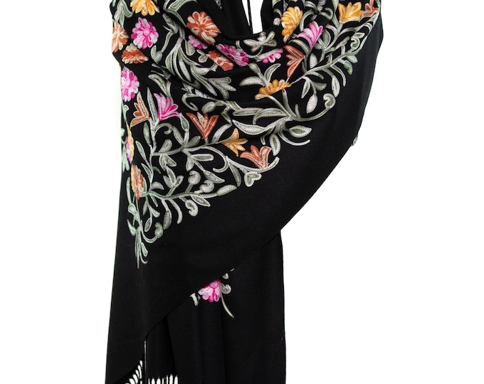 black cashmere shawl with silk flowers embroidery all around  very soft and delight scarf unique gift lovely pashmina