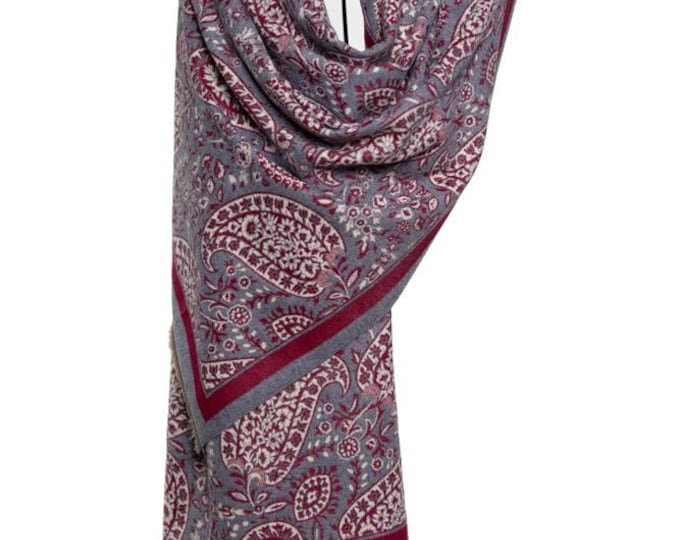 Cashmere Shawl | Burgundy & Grey Reversible Big Paisley Pattern | Thick and Warm Pashmina Wrap, Elegant Winter Shawl, Perfect Gift for Her