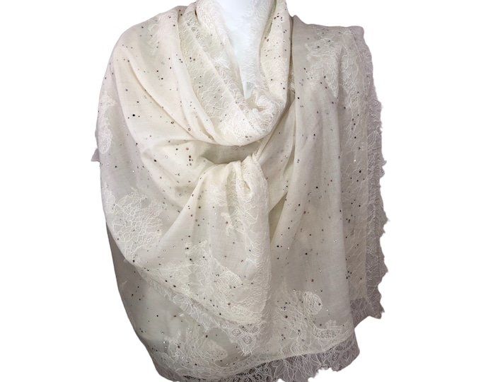 Lace Pashmina off-white - Luxury Cashmere Wedding Shawl - Swarovski Beaded Wrap - High-End Bridal Scarf, Elegant Gift