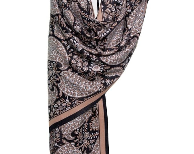 Reversible Cashmere Shawl | Beige & Black Big Paisley Pattern | Thick and Soft Pashmina Wrap, Warm Luxury Winter Shawl, Perfect Gift for Her