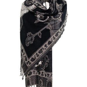 Black Wool Pashmina Shawl with Grey Paisley Embroidery Handmade and Soft
