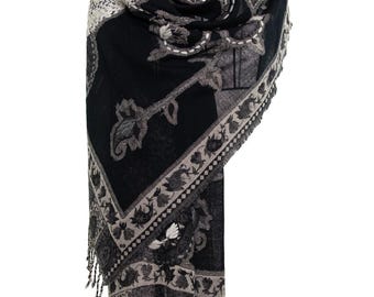Black Wool Pashmina Shawl with Grey Paisley Embroidery Handmade and Soft