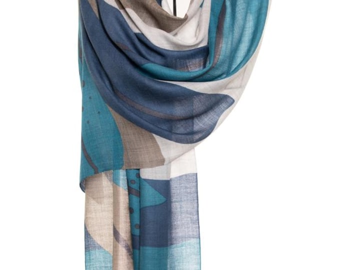 Blue and Off-White Cashmere and Silk Shawl | Elegant Leaves Design Scarf | Very Soft, Delightful Pashmina, Unique Gift for her