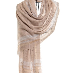 Beige Shawl Handmade Cashmere Scarf with Elegant Golden Bee Embroidery & Swarovski Bedazzled - Stylish Fashion Accessory for Her
