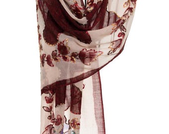 Embroidered Wool Shawl – 100% Boiled Wool Red and Burgundy Pashmina, Soft and Warm Wrap