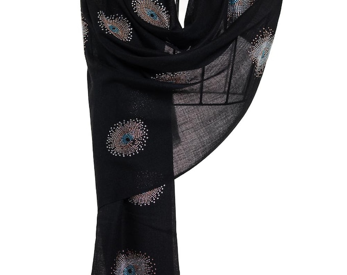 Black Cashmere Pashmina – Swarovski Blue Eyes Design, Elegant Mourning & Grief Shawl