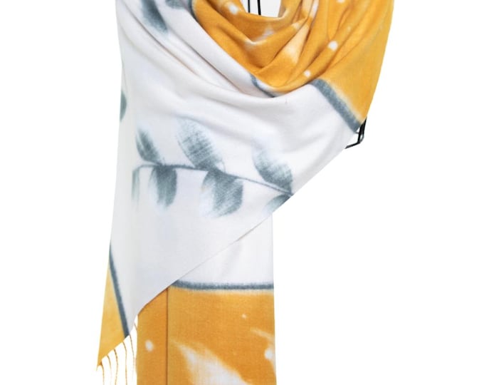 Yellow & White Lambs Wool Scarf | Soft Touch Shawl with Tree Branch Design | High-End Pashmina with Leaves | Luxurious Feel