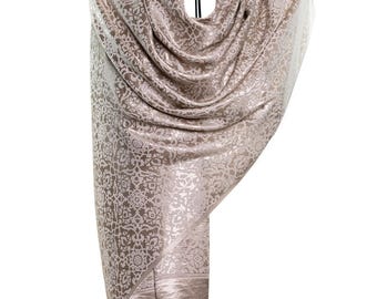 Shiny metallic beige pure silk beautiful shawl for gift, mandala pattern unique motif design - Very thin