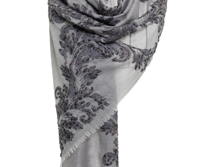 Wool Shawl Silver & Grey – Exquisite Embroidery, Luxurious and Warm Winter Pashmina