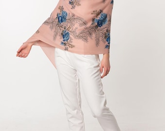 Cashmere & Silk Baby Pink Shawl - Embroidered Pashmina with Blue Roses and Brown Branches, Soft Warm Wrap, Luxury Gift for Her