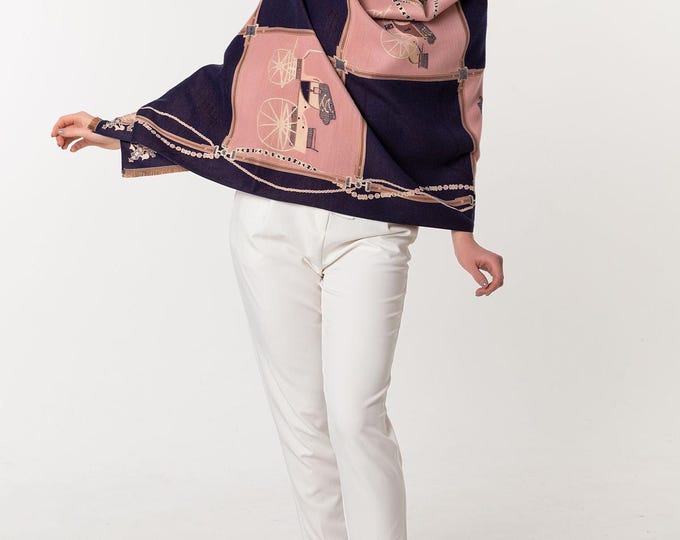 Soft Pink and Navy Blue Pashmina Shawl | Vintage Carriage Design Cashmere Wrap | Double-Sided, Soft, Warm and Thick |