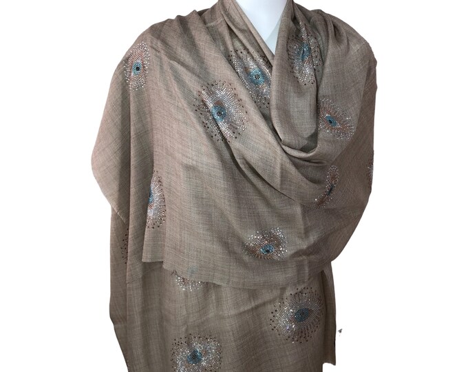 Beige Cashmere Pashmina – Swarovski Blue Eyes Design, Elegant & Timeless Shawl