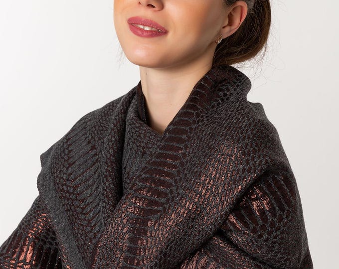 Cashmere and Silk Shawl in Rich Brown – Luxurious Snake Skin Design Wrap