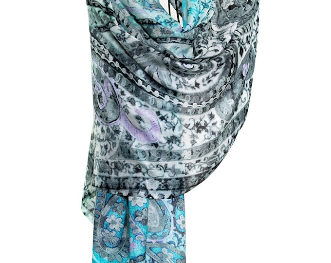 baby blue purple black white paisley design scarf thin shawl pashmina